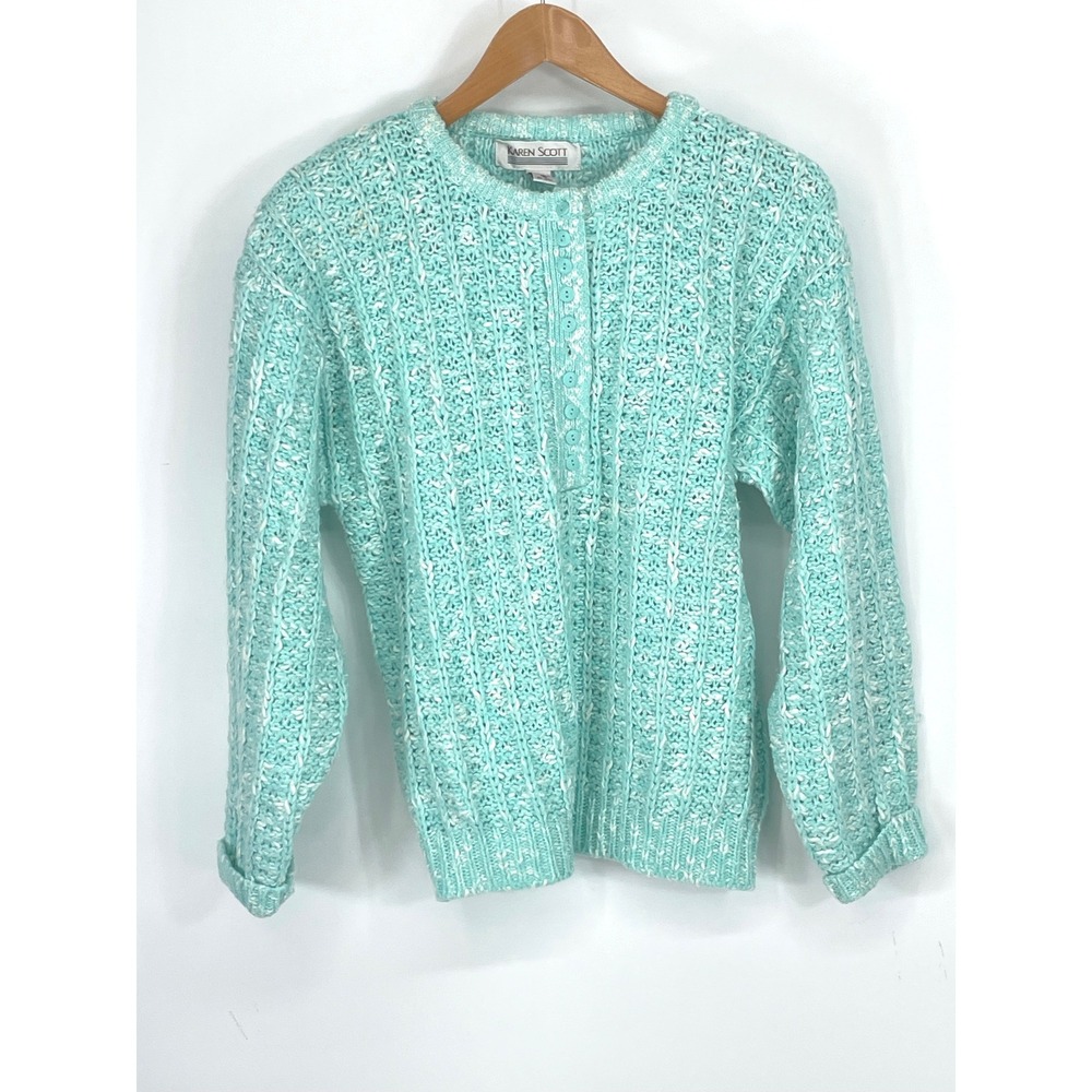 VTG Karen Scott Sweater S Henley Aqua Blue Green Marled Cable Knit Retro Boho